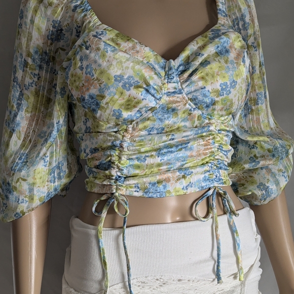 Madden NYC crop ruched top elasticized back padded cups balloon sleeves sz L - Picture 6 of 11